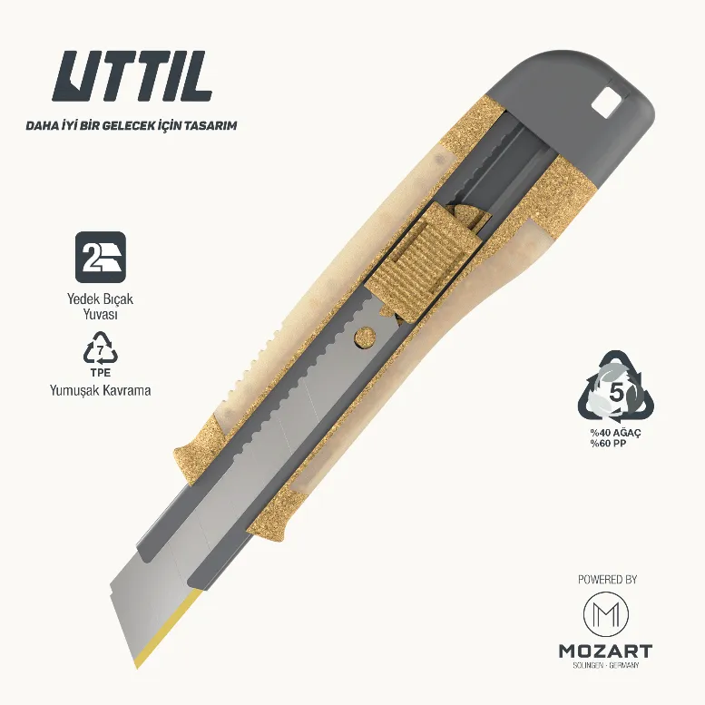 NMUK09-AN 40% legno, 60% PP 18 mm TPE trasparente Coltello multiuso con lama a scatto rivestita in TiN
