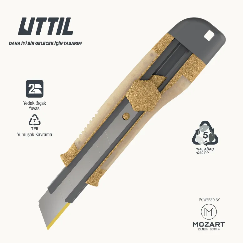 VMUK09-AN 40% legno, 60% PP 18 mm TPE trasparente Coltello multiuso, meccanismo a vite con lama a scatto rivestita in TiN